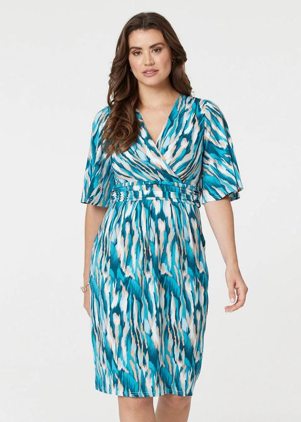 Izabel London Green Printed 1/2 Angel Sleeve Faux Wrap Dress