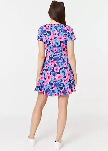 Izabel London Multi Blue Floral Frill Faux Wrap Short Dress | Grattan