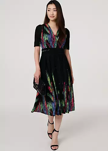 Izabel London Multi Green Feather Print Faux Wrap Front Midi Dress | Grattan