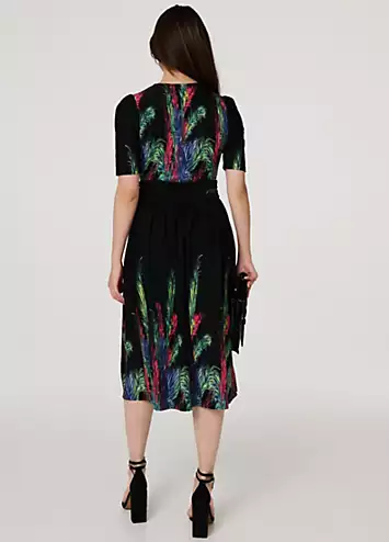 Izabel London Multi Green Feather Print Faux Wrap Front Midi Dress | Grattan