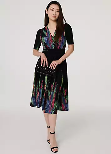 Izabel London Multi Green Feather Print Faux Wrap Front Midi Dress | Grattan