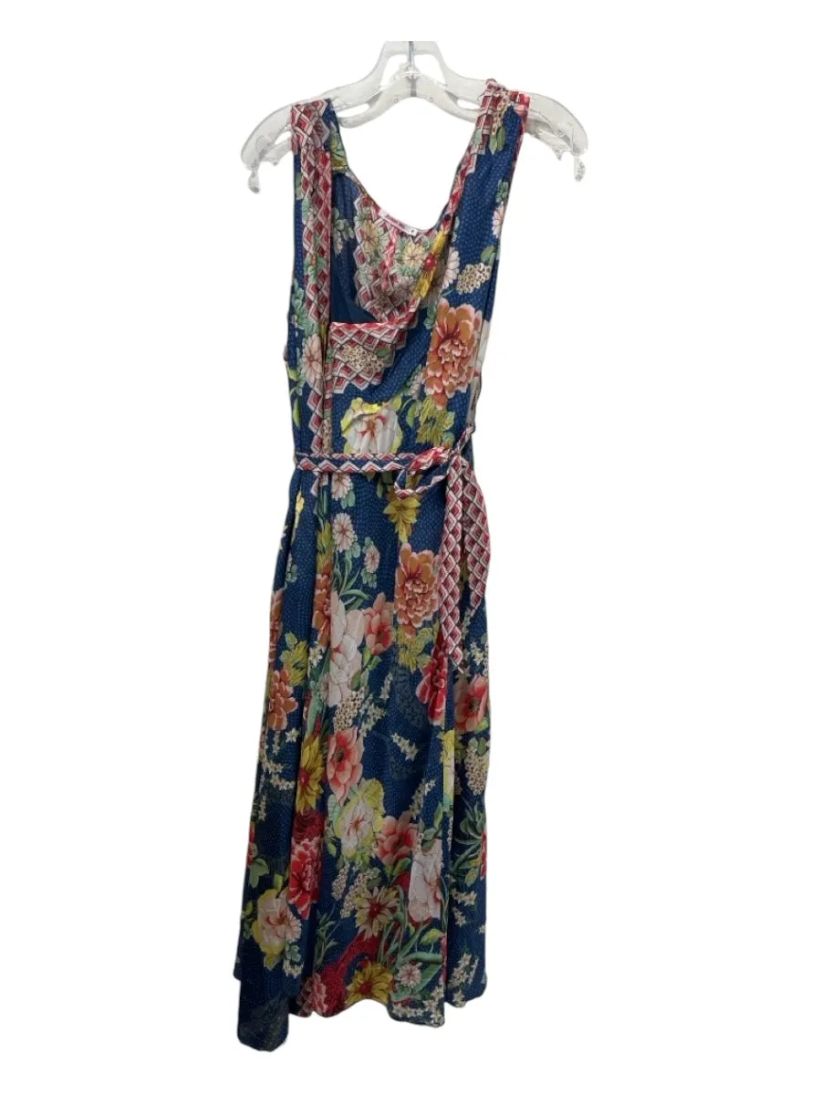 Johnny Was Size M Blue & Multi Silk Sheer Overlay Floral Sleeveless Wrap Dress