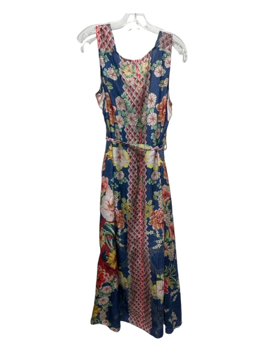 Johnny Was Size M Blue & Multi Silk Sheer Overlay Floral Sleeveless Wrap Dress