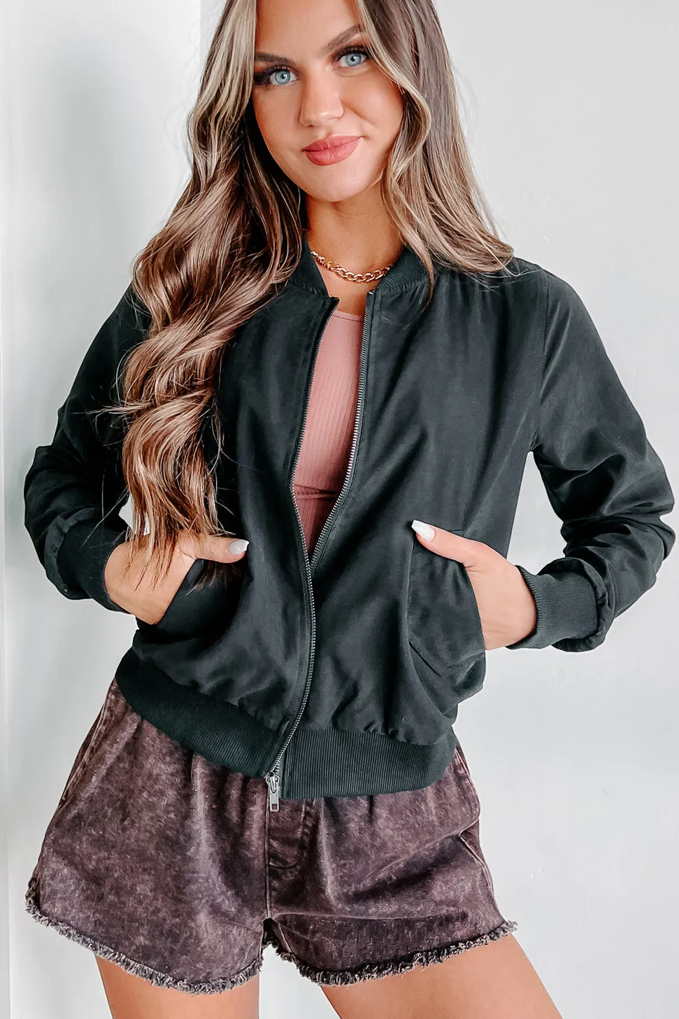 Just Between Us Faux Suede Bomber Jacket (Black)