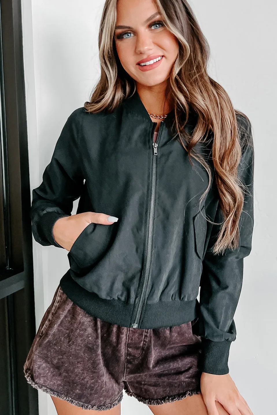 Just Between Us Faux Suede Bomber Jacket (Black)