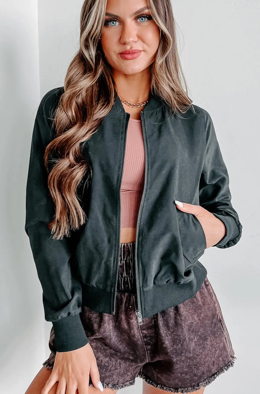 Just Between Us Faux Suede Bomber Jacket (Black)