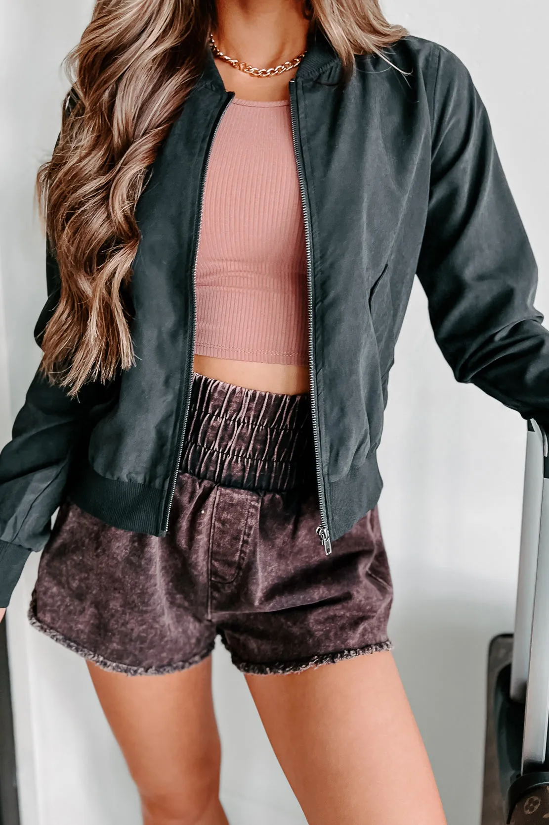 Just Between Us Faux Suede Bomber Jacket (Black)