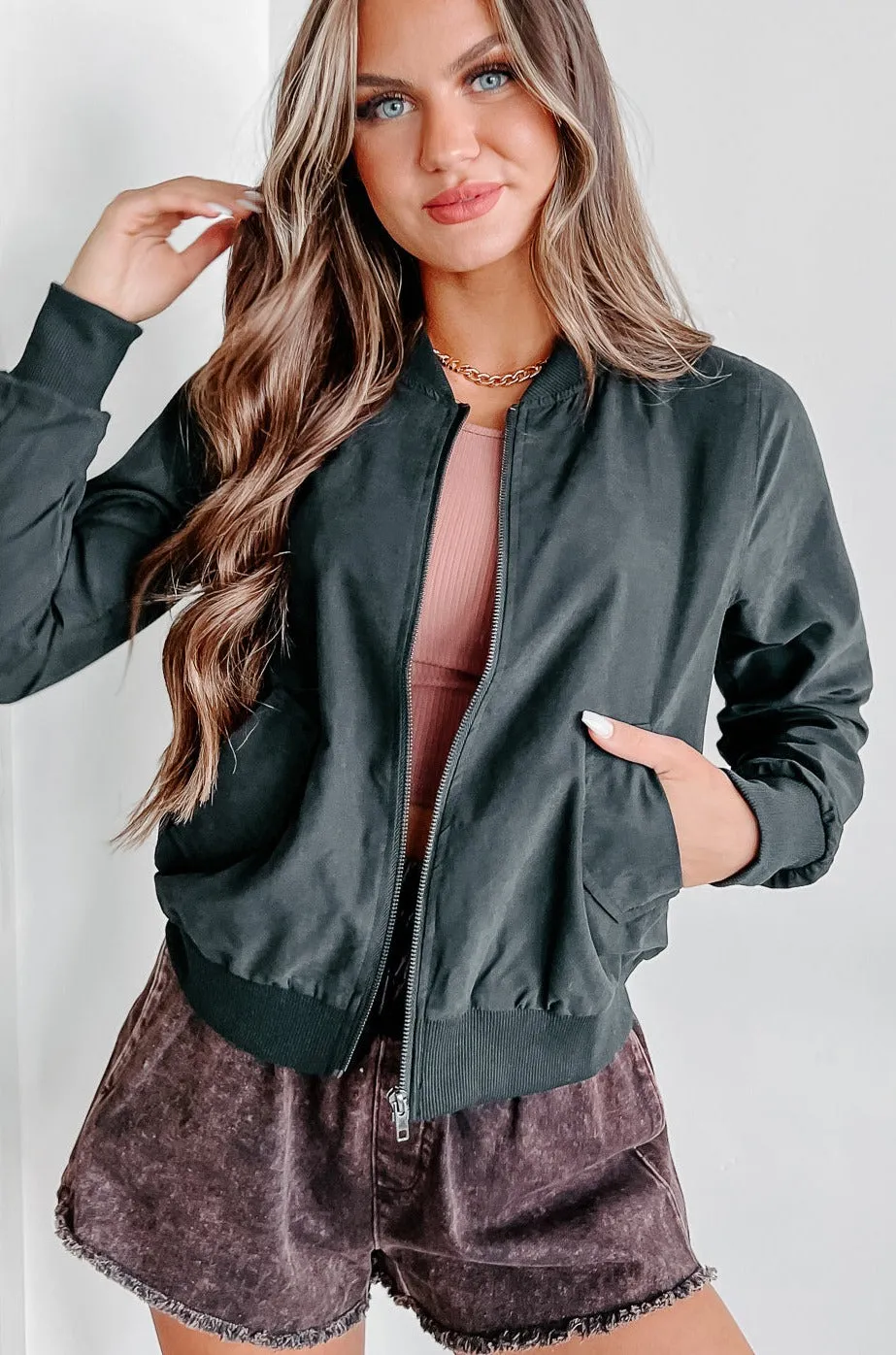 Just Between Us Faux Suede Bomber Jacket (Black)