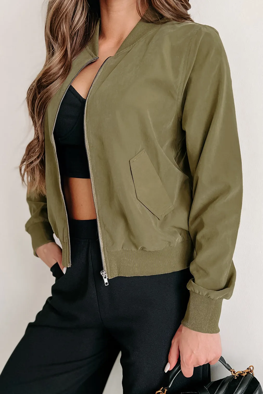 Just Between Us Faux Suede Bomber Jacket (Olive)