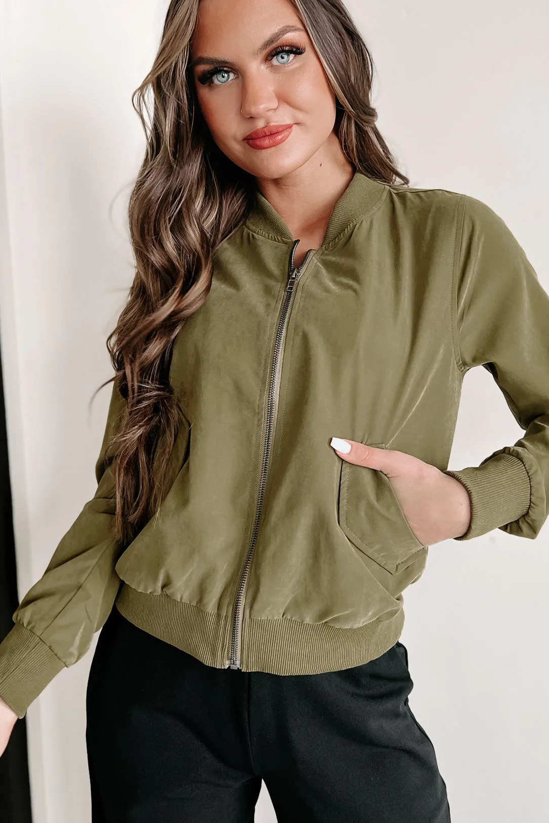 Just Between Us Faux Suede Bomber Jacket (Olive)