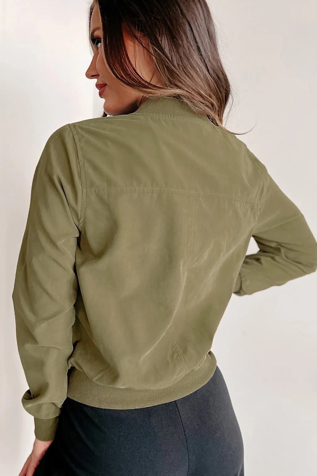 Just Between Us Faux Suede Bomber Jacket (Olive)