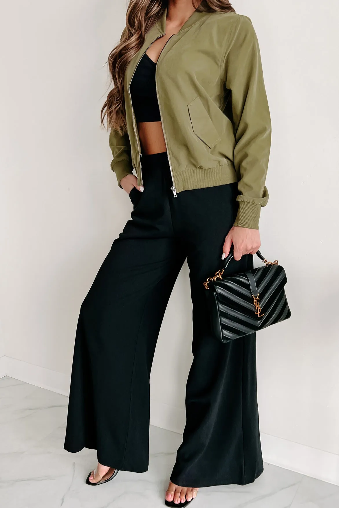 Just Between Us Faux Suede Bomber Jacket (Olive)