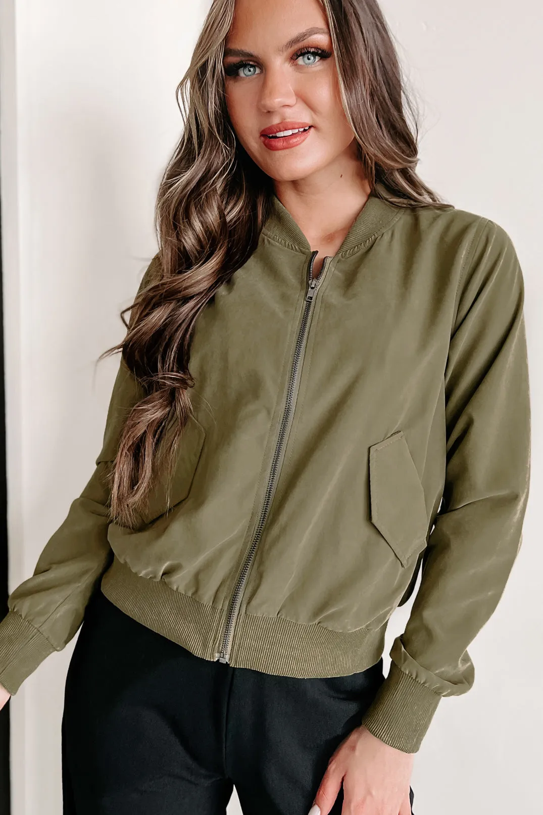 Just Between Us Faux Suede Bomber Jacket (Olive)