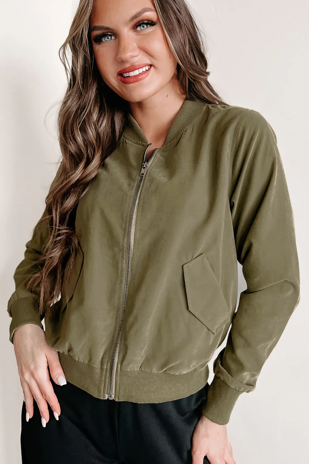 Just Between Us Faux Suede Bomber Jacket (Olive)