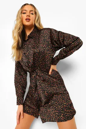 Leopard Print Wrap Mini Shirt Dress