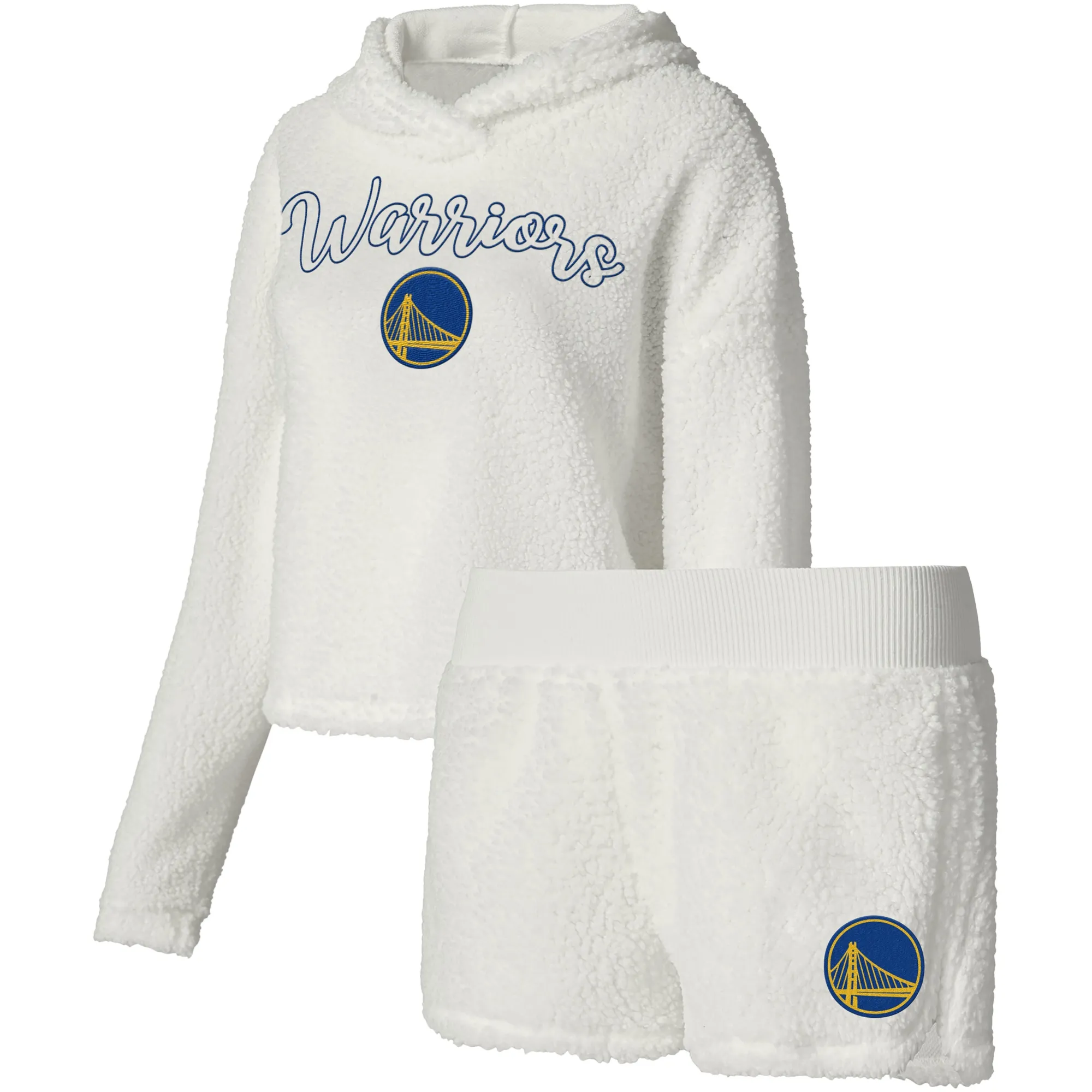 Lids Women's College Concepts Cream Golden State Warriors Fluffy Long Sleeve Hoodie T-Shirt & Shorts Sleep Set