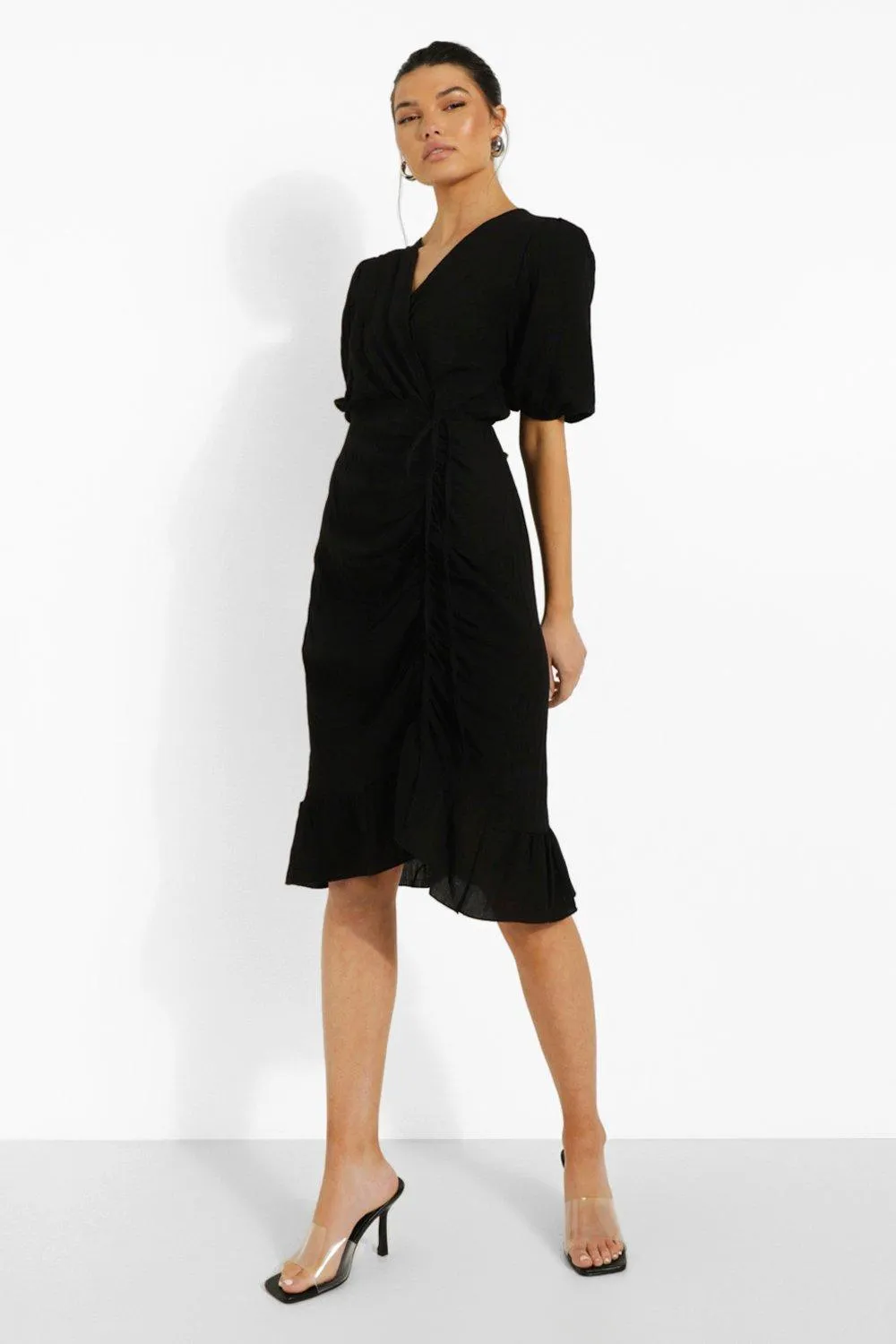 Linen Look Ruched Wrap Midi Dress