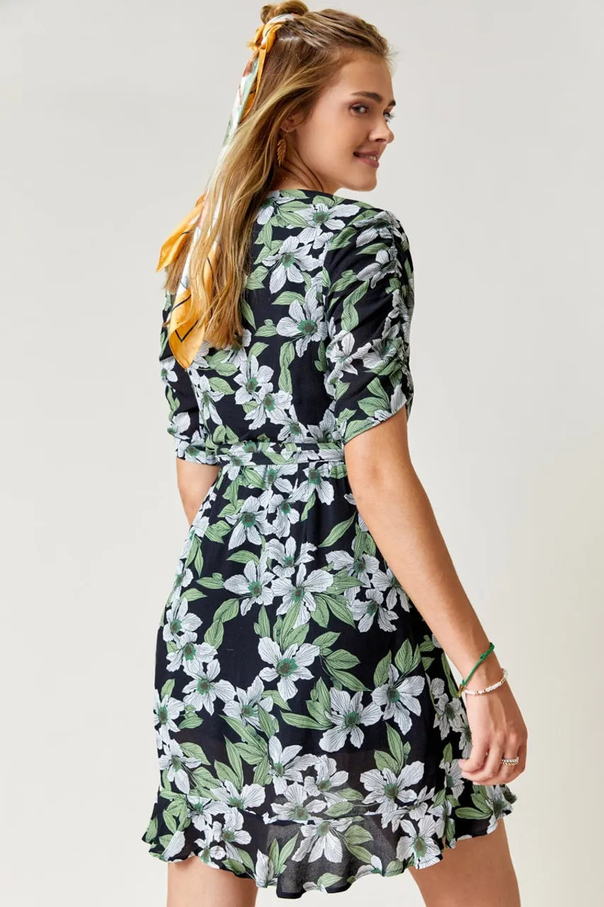 Lyn Ruched Floral Wrap Mini Dress