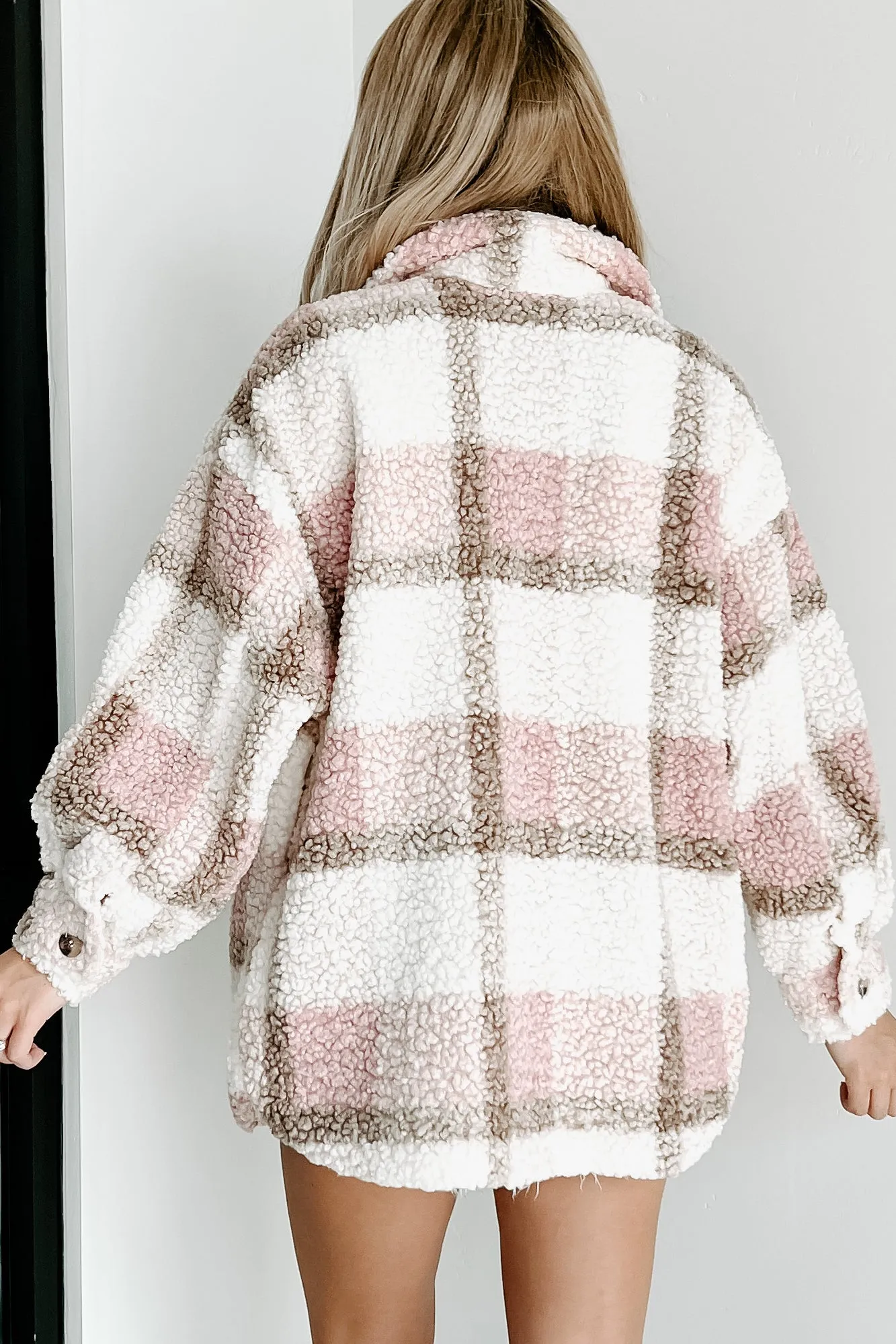 Made It A Moment Plaid Sherpa Jacket (Light Pink Multi)