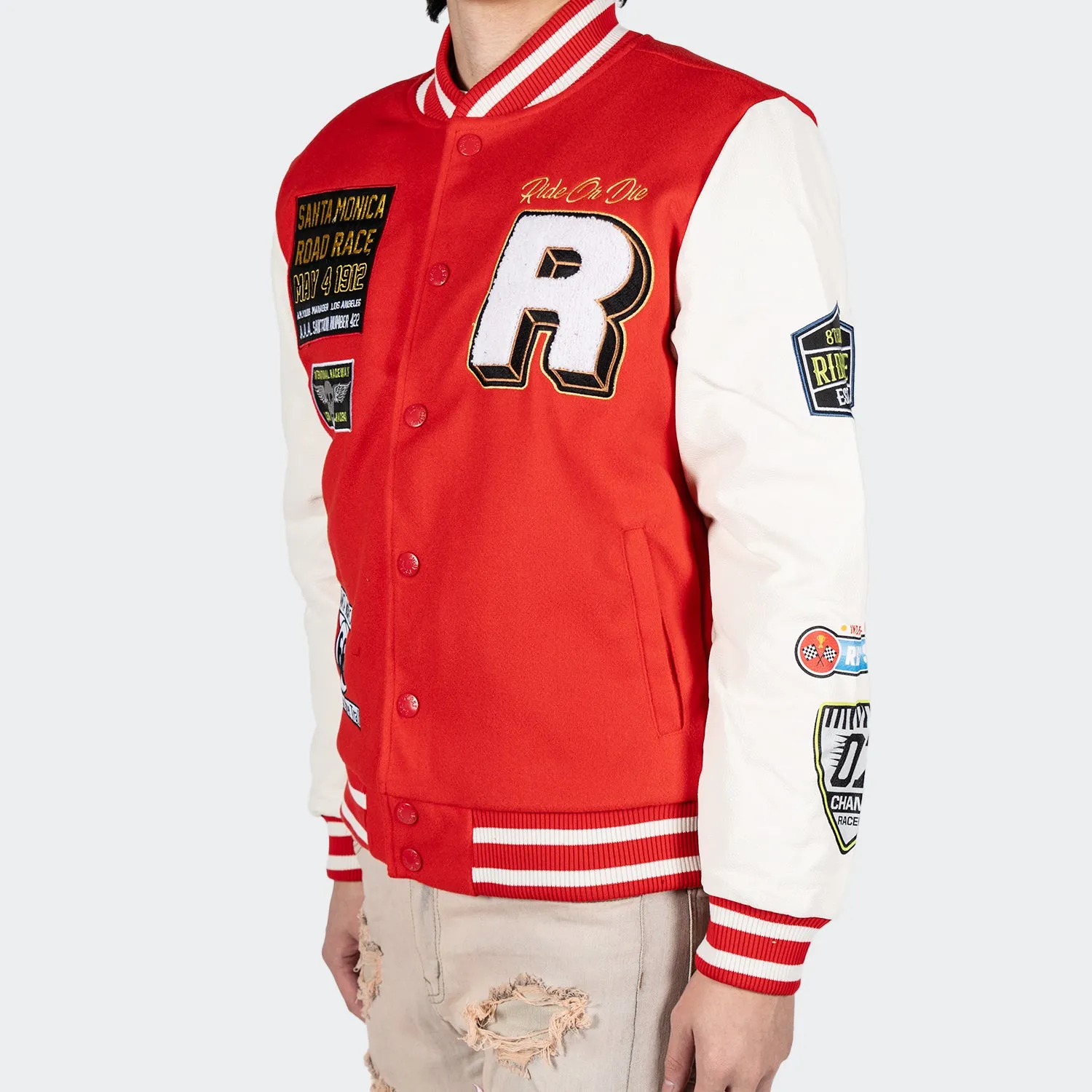 Men's TWO MILL TWENTY Ride or Die Road Race Varsity Letterman Jacket Red