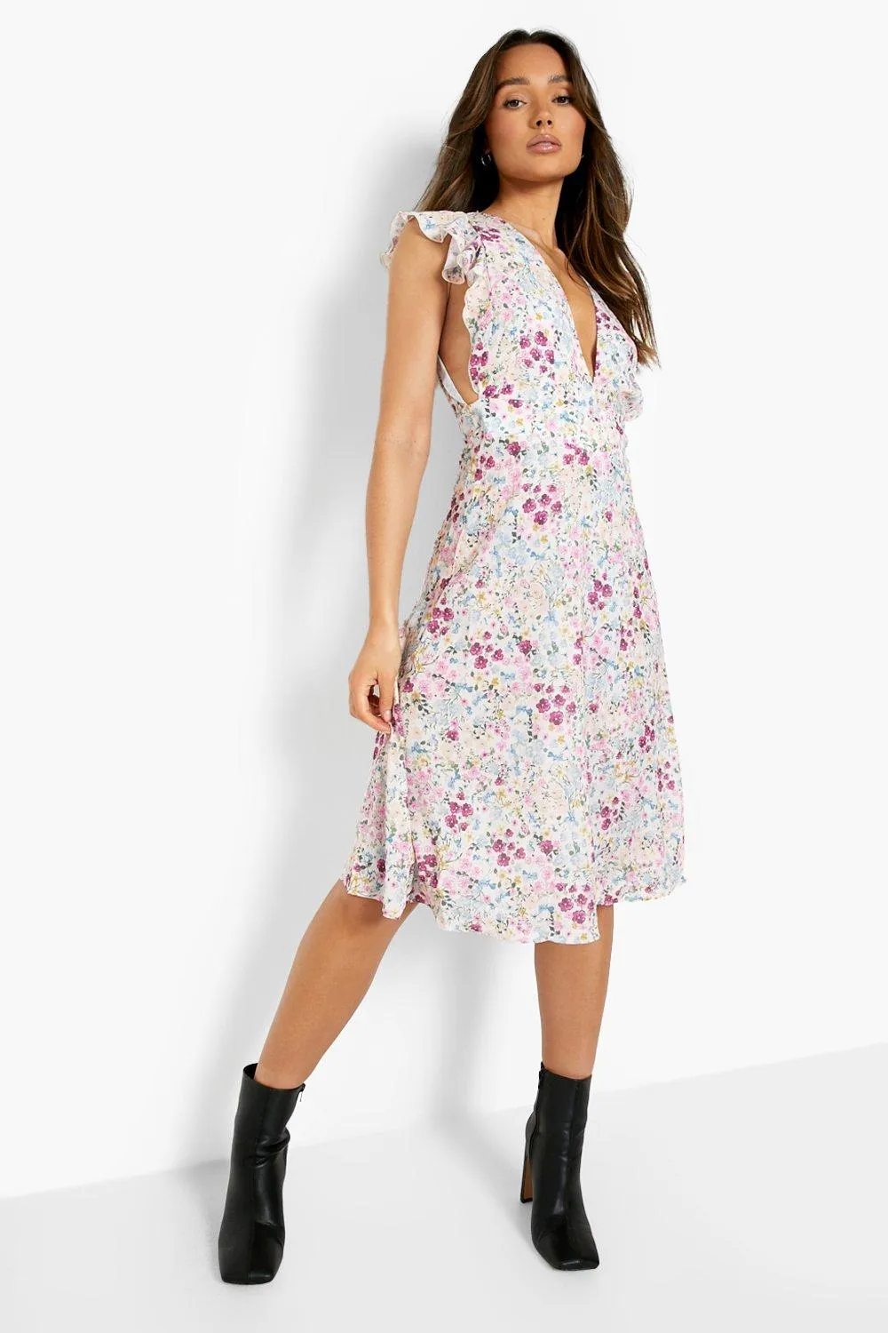 Mixed Floral Wrap Sleeveless Midi Dress