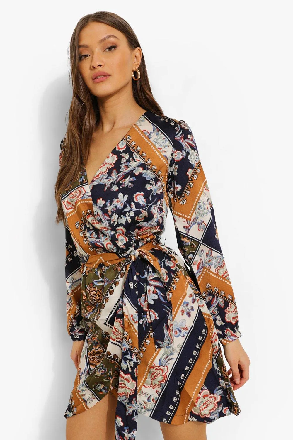 Mixed Print Wrap Front Tie Waist Mini Dress