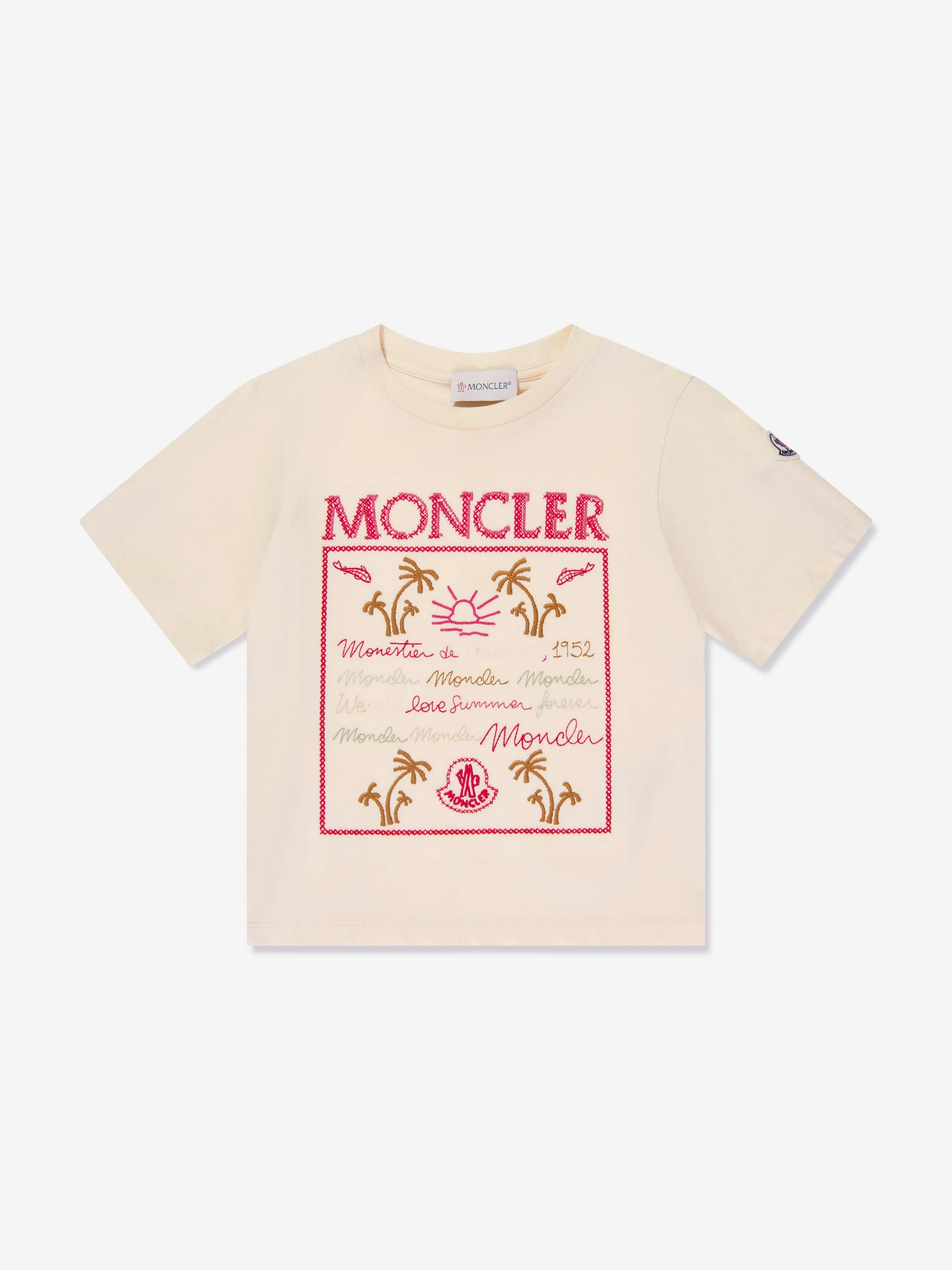 Moncler Enfant Girls Palm Trees Logo T-Shirt in Ivory