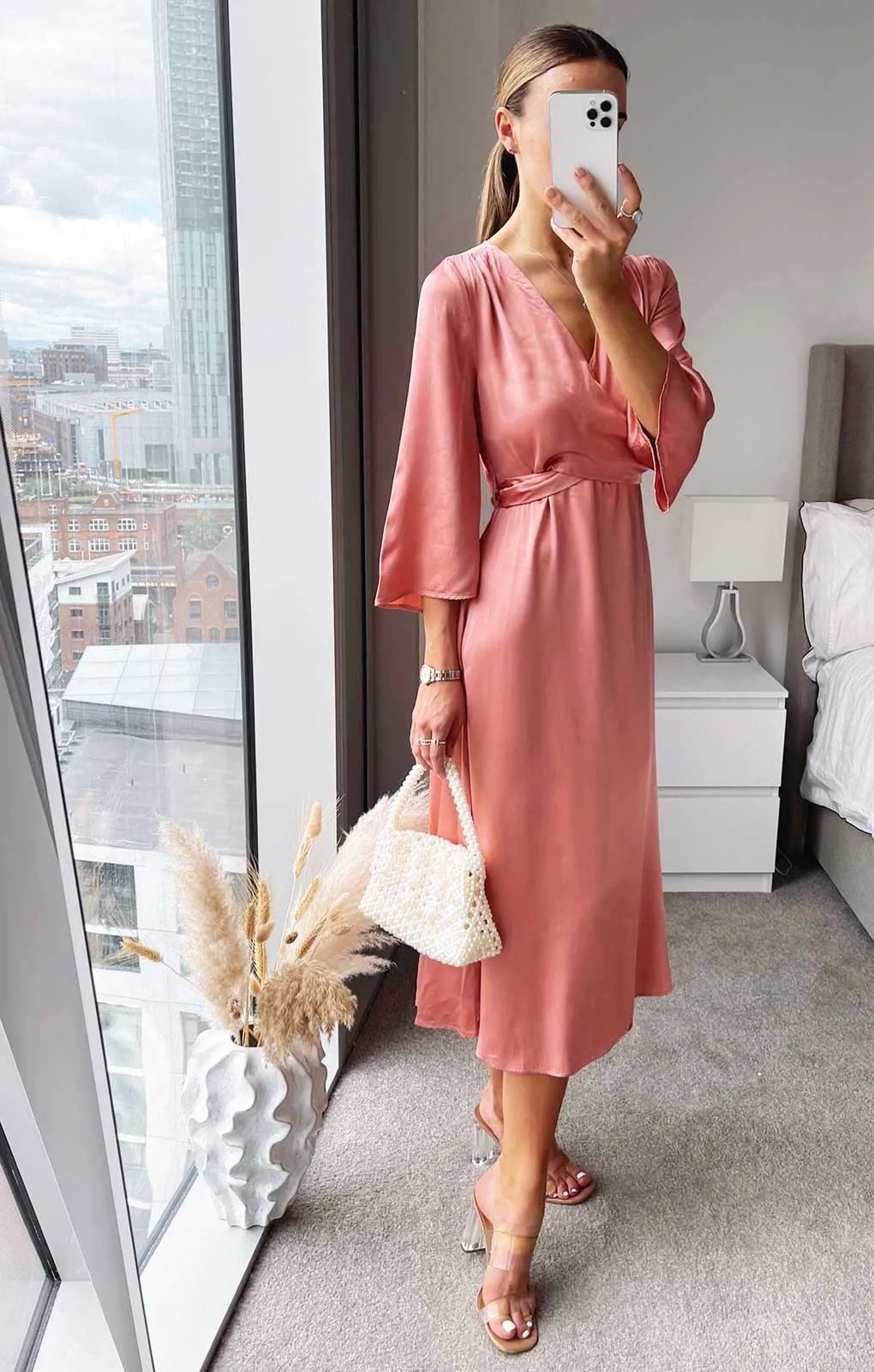 M&S X Ghost Satin V-Neck Midi Wrap Dress