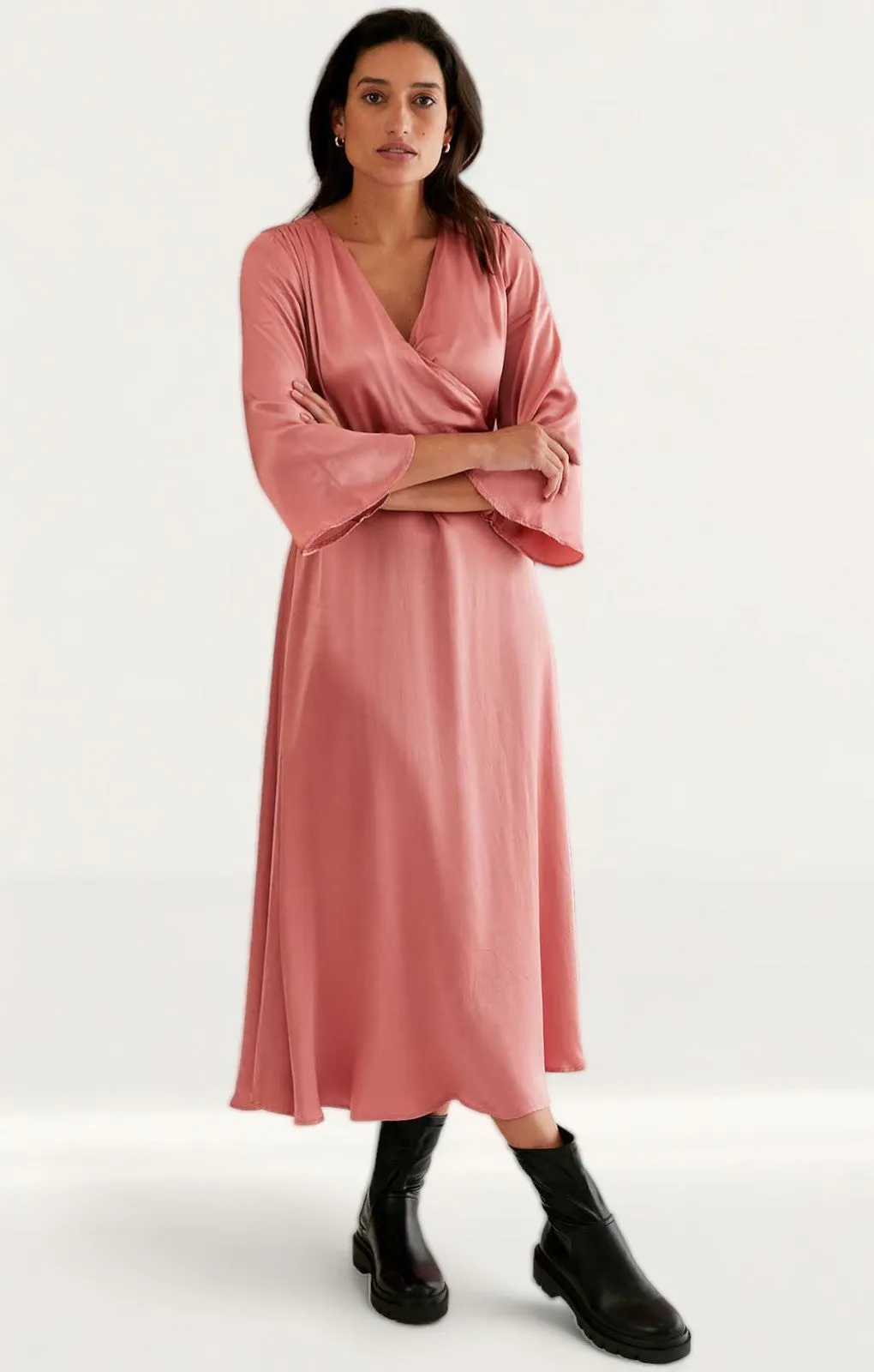 M&S X Ghost Satin V-Neck Midi Wrap Dress