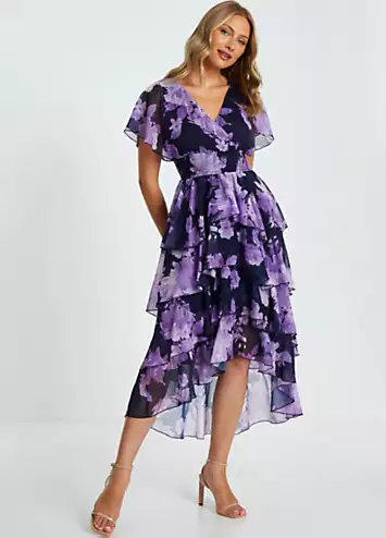 Navy Chiffon Wrap Floral Tiered Midi Dress by Quiz | Look Again