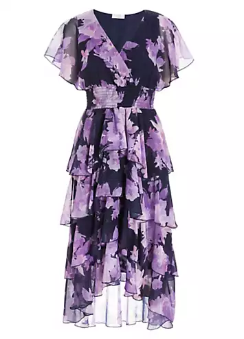 Navy Chiffon Wrap Floral Tiered Midi Dress by Quiz | Look Again