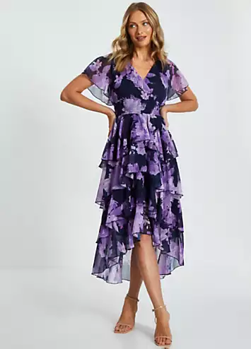 Navy Chiffon Wrap Floral Tiered Midi Dress by Quiz | Look Again