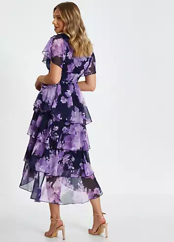 Navy Chiffon Wrap Floral Tiered Midi Dress by Quiz | Look Again