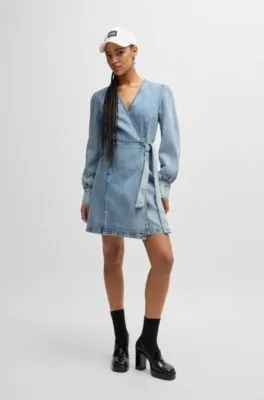 Ocean-blue wrap dress in rigid denim