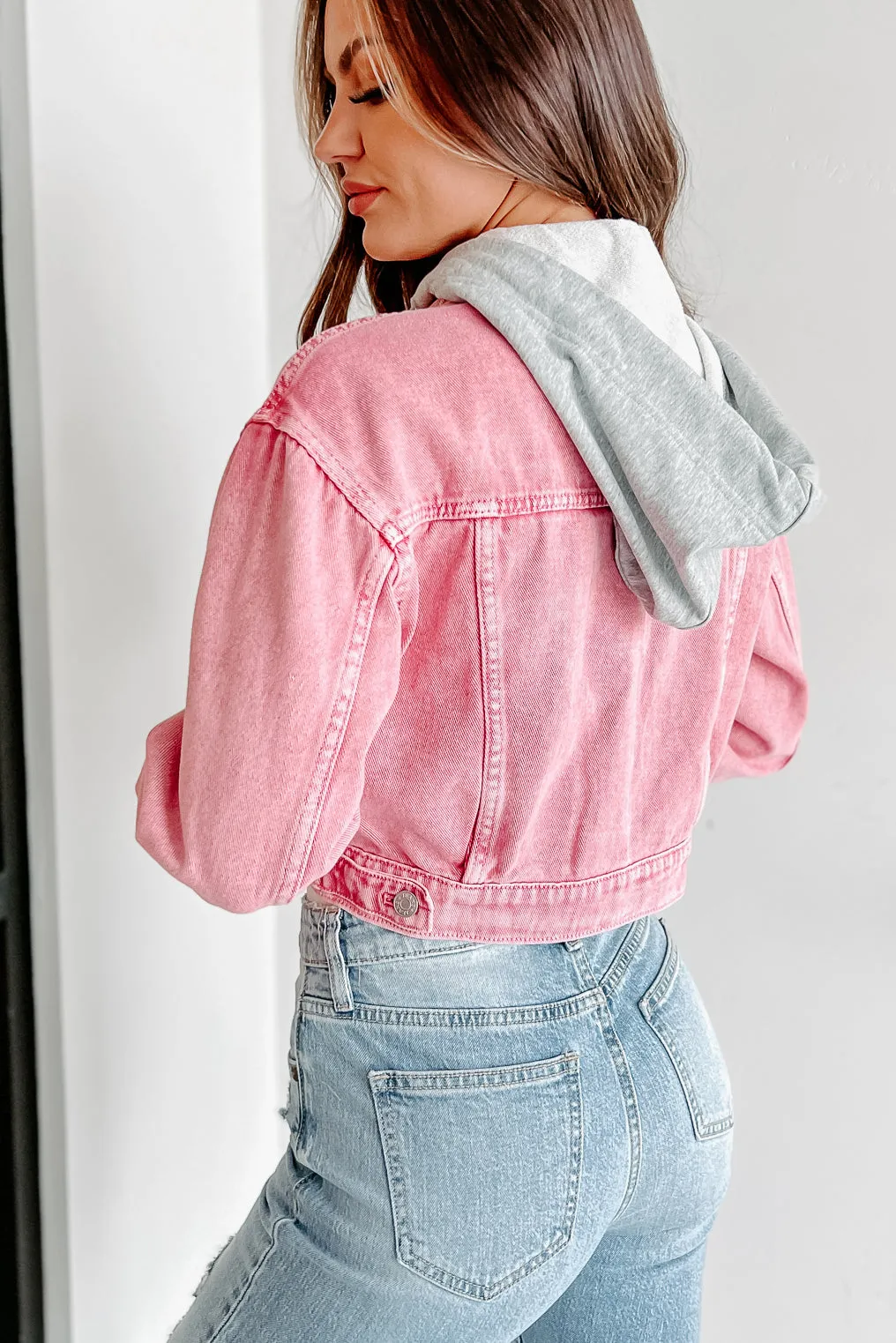 On The Bright Side Hooded Crop Denim Jacket (Pink)