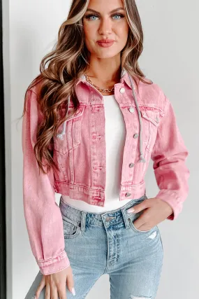 On The Bright Side Hooded Crop Denim Jacket (Pink)