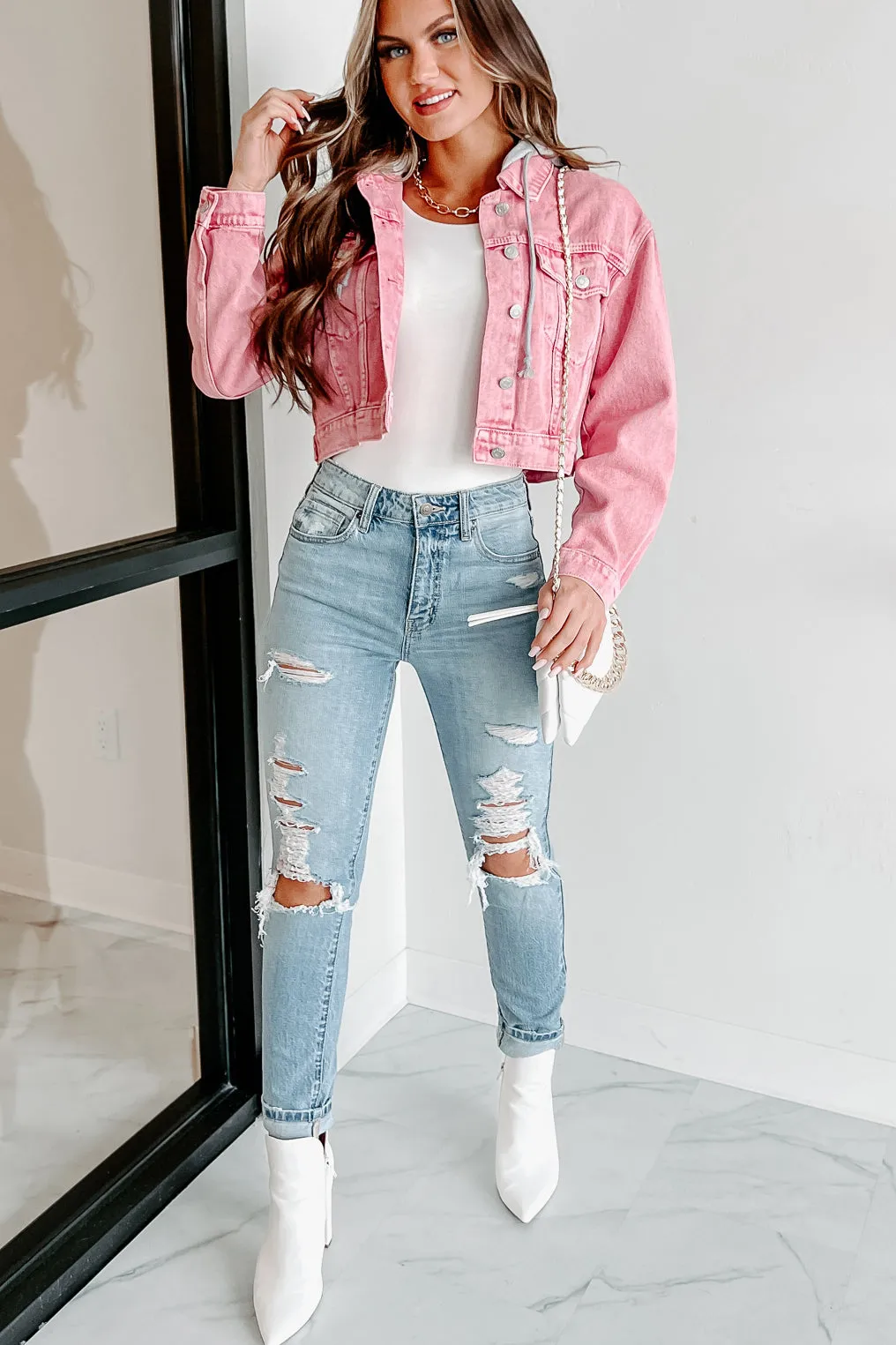 On The Bright Side Hooded Crop Denim Jacket (Pink)