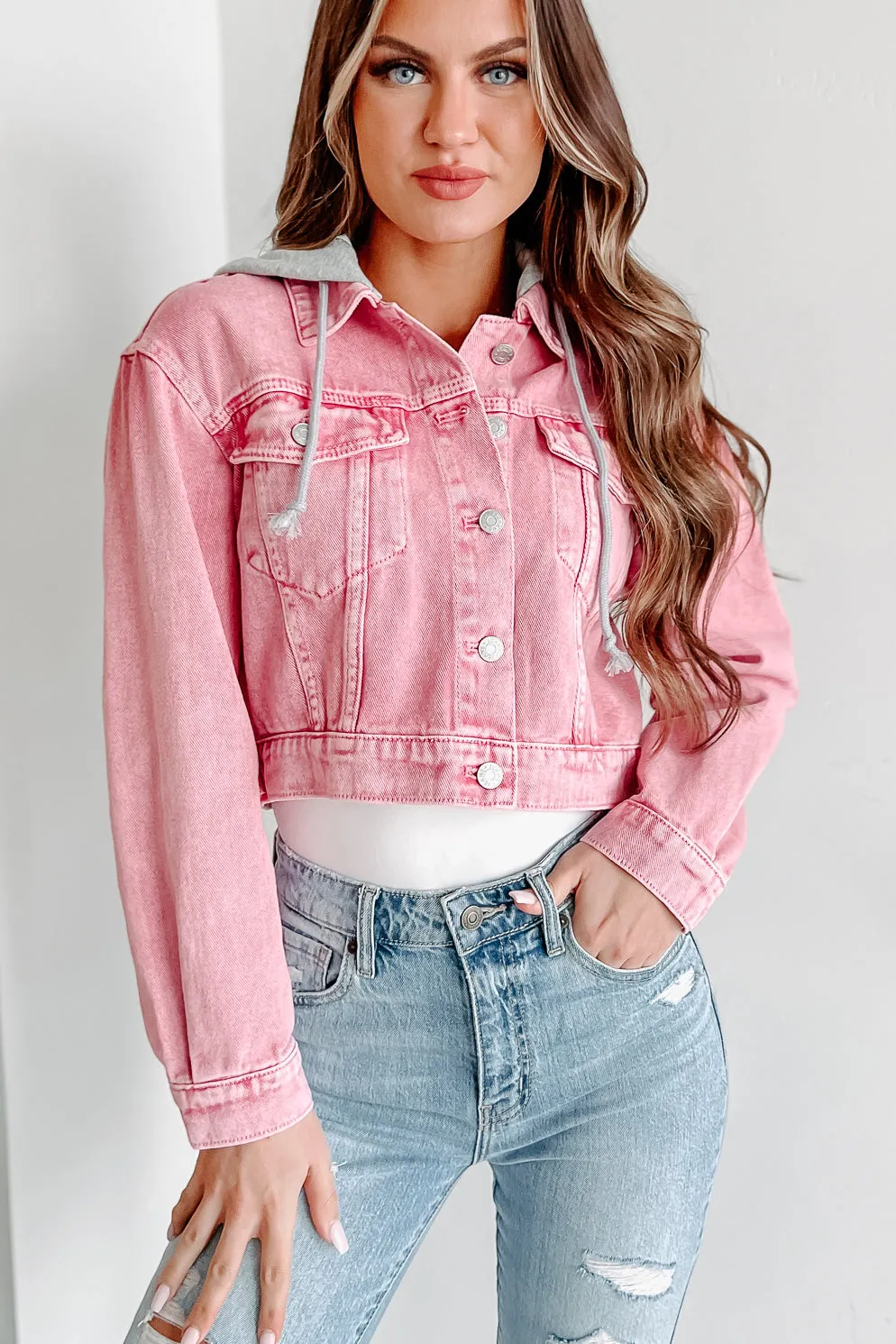 On The Bright Side Hooded Crop Denim Jacket (Pink)