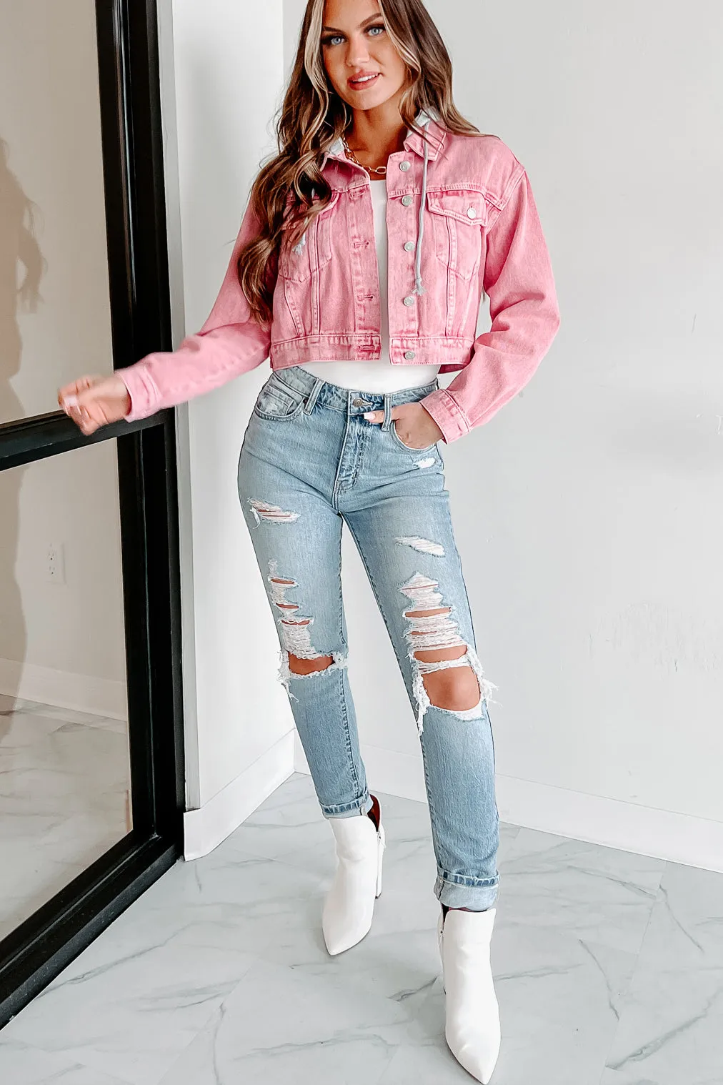 On The Bright Side Hooded Crop Denim Jacket (Pink)