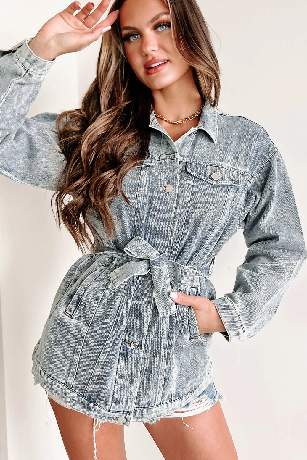 On Top Of My Game Belted Denim Jacket (Blue Denim)