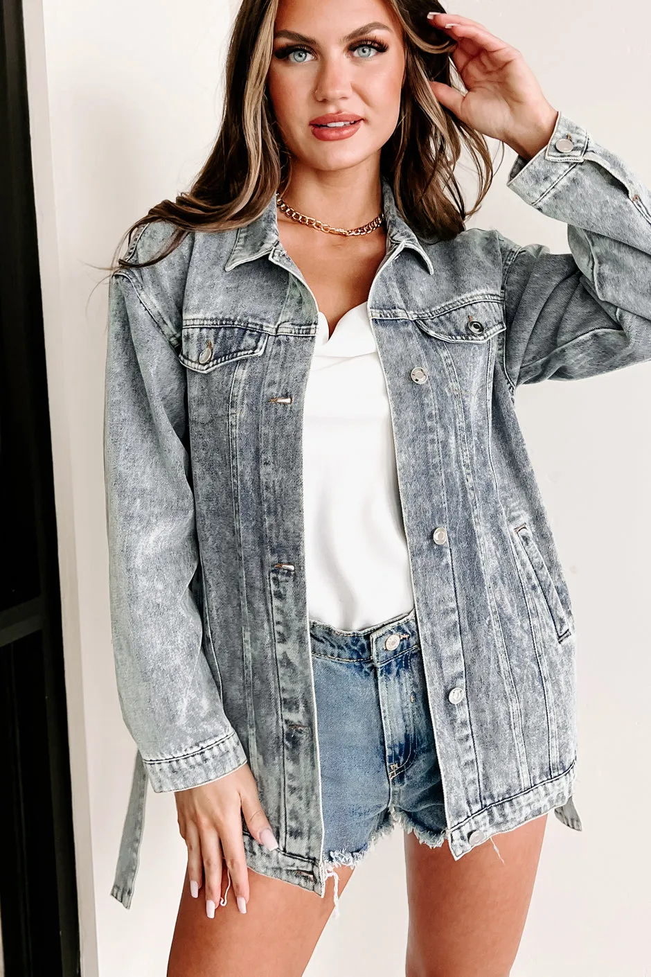 On Top Of My Game Belted Denim Jacket (Blue Denim)