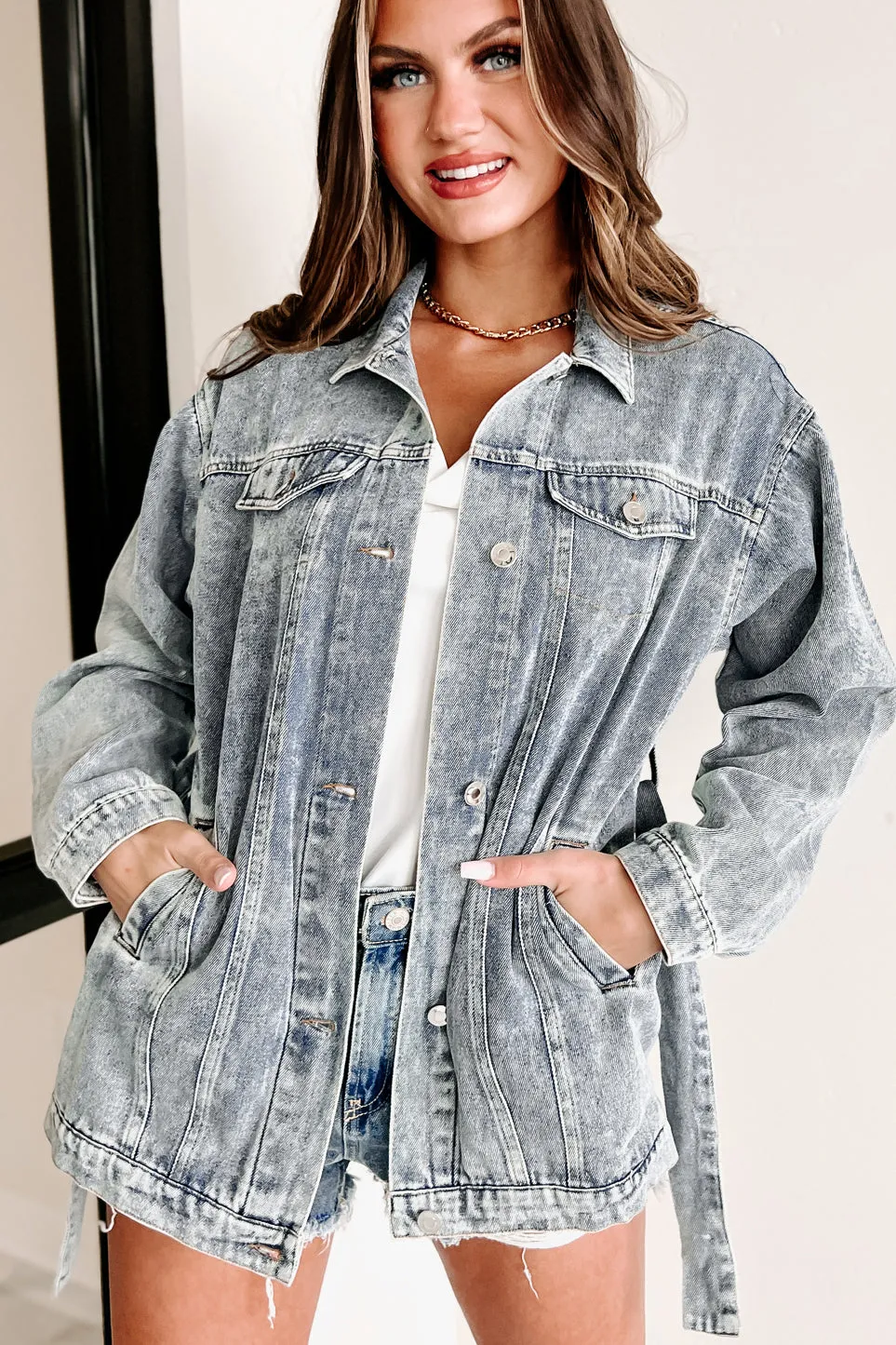 On Top Of My Game Belted Denim Jacket (Blue Denim)