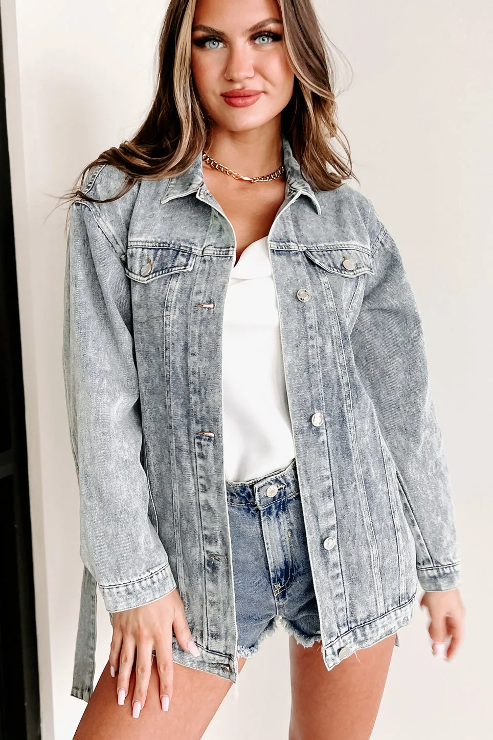 On Top Of My Game Belted Denim Jacket (Blue Denim)