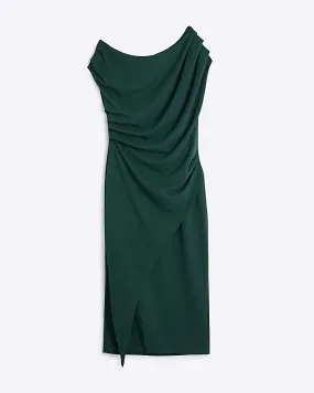 Petite Green Asymmetric Drape Wrap Midi Dress