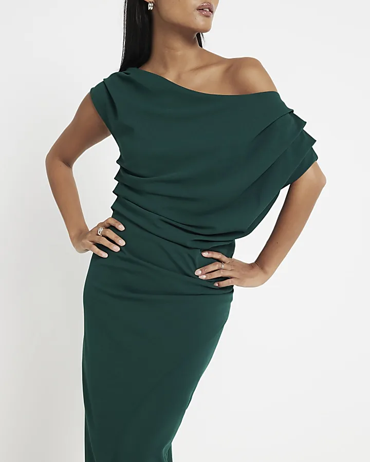 Petite Green Asymmetric Drape Wrap Midi Dress