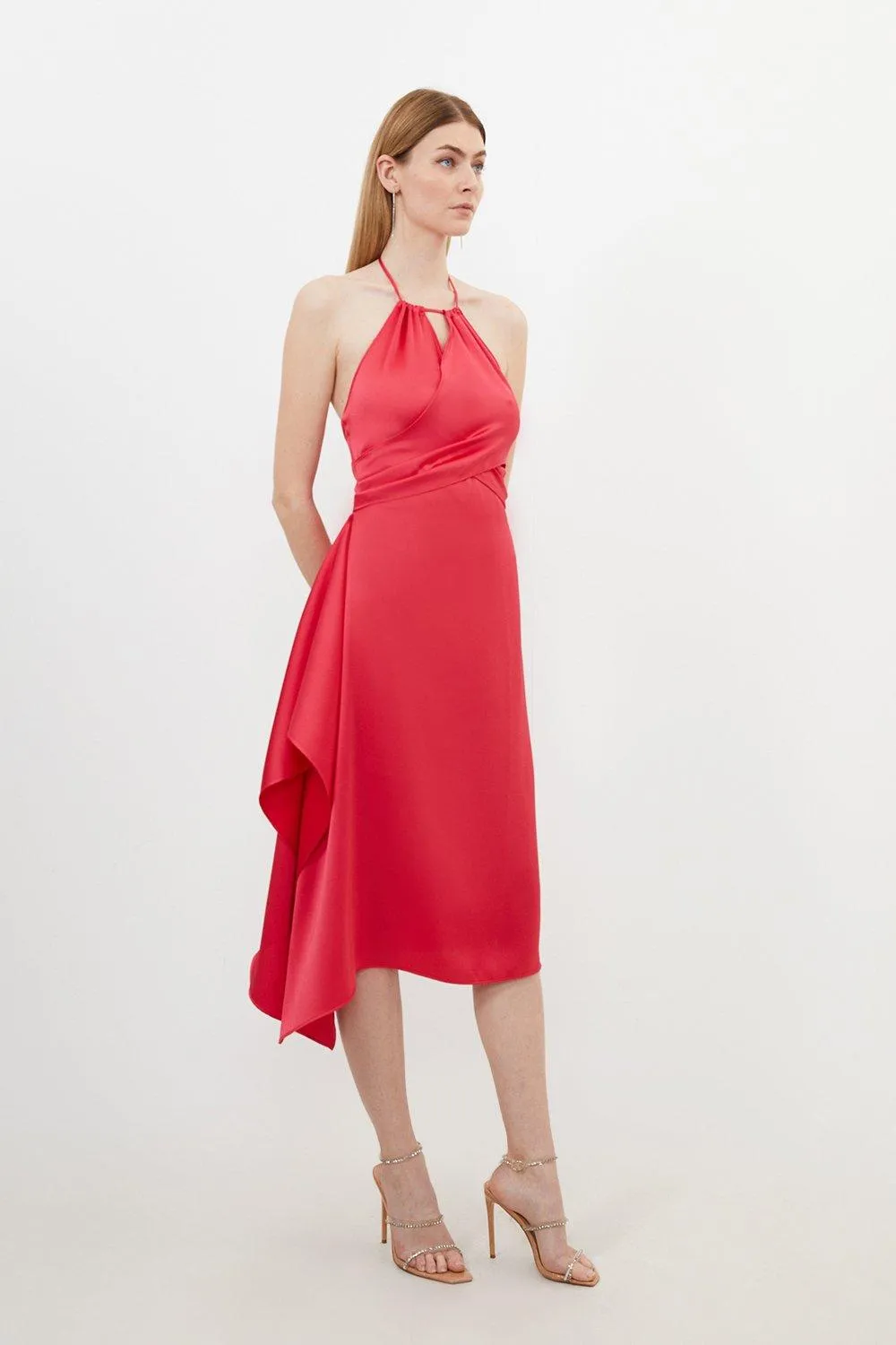 Petite Satin Back Crepe Draped Wrap Halter Neck Midi Dress | Karen Millen