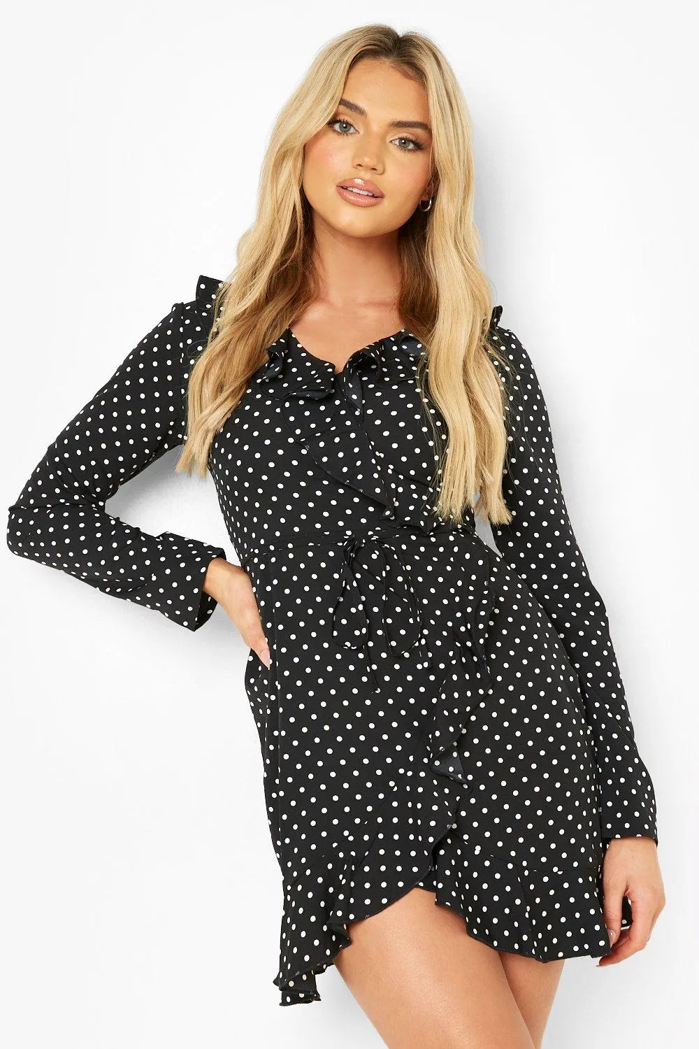 Polka Dot Wrap Front Ruffle Tea Dress