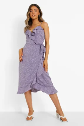 Polka Wrap Front Ruffle Midi Dress