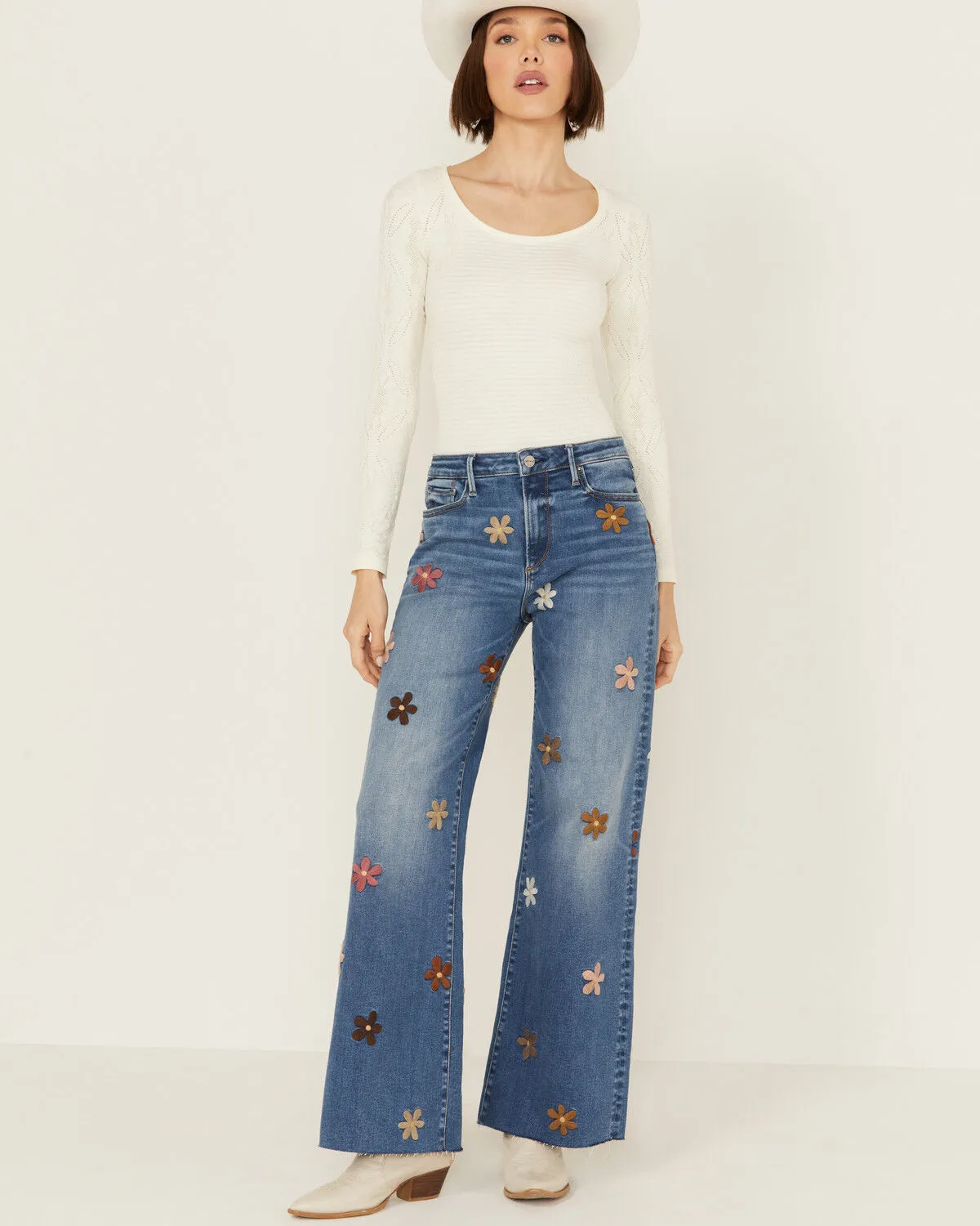 Product Name:  Driftwood Women's Charlee X Doo Wop Medium Wash High Rise Floral Embroidered Straight Stretch Denim Jean