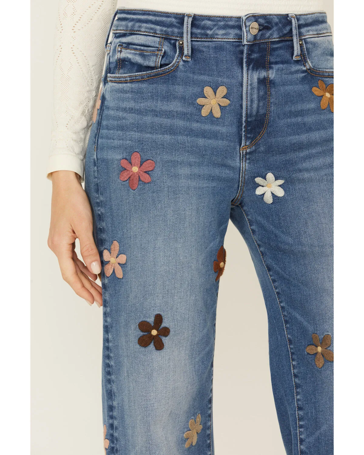 Product Name:  Driftwood Women's Charlee X Doo Wop Medium Wash High Rise Floral Embroidered Straight Stretch Denim Jean